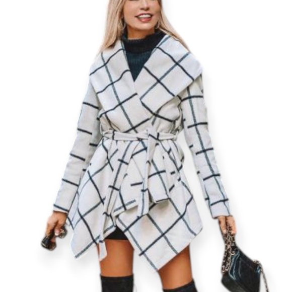 Chicwish Women's PRAIRIE GRID RABATO  Grid Off-White Wool Blend Coat SZ Large - Picture 2 of 10